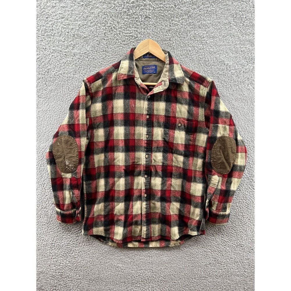 Pendleton Red Plaid Wool Button Up With Suede Elb… - image 1